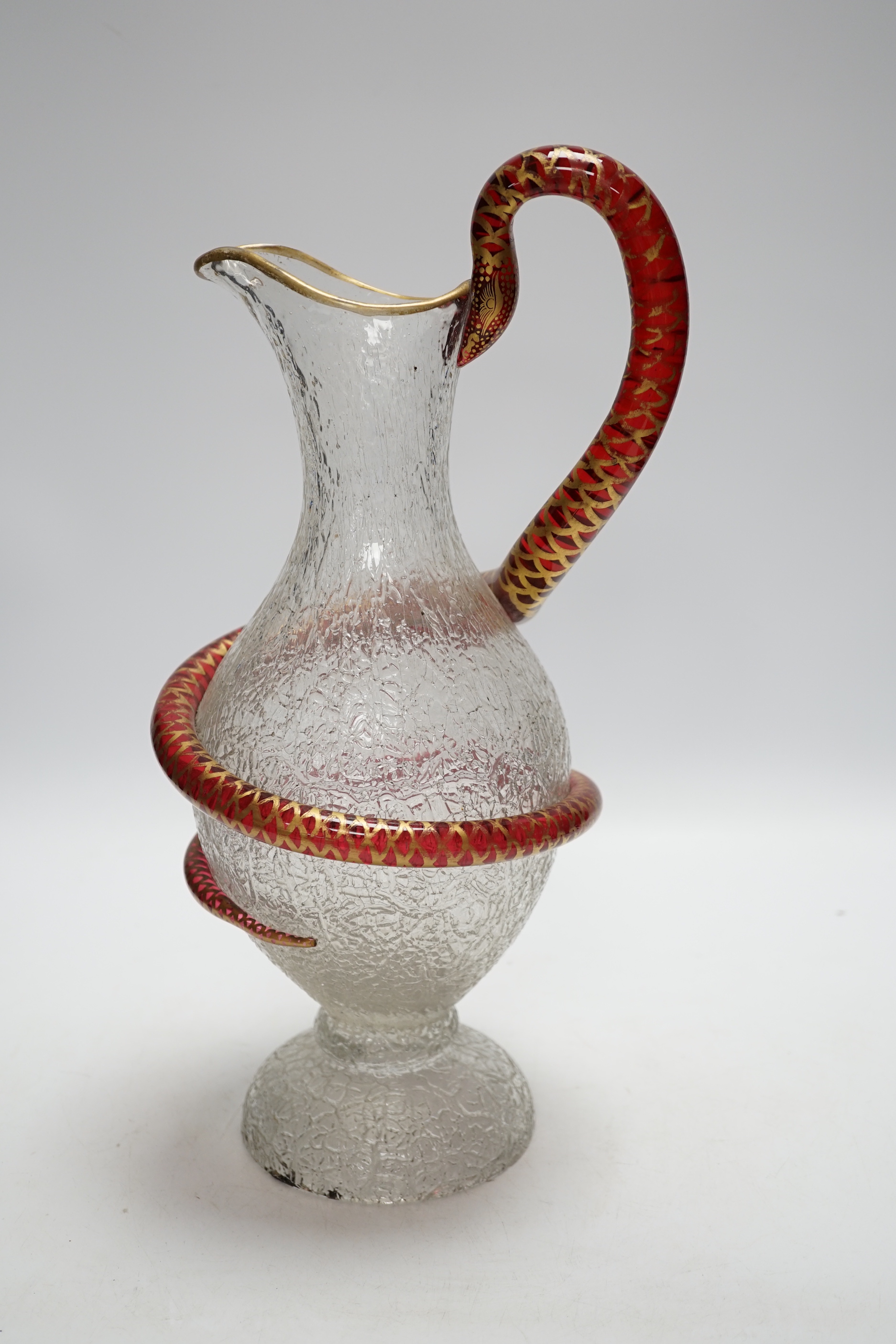 A Victorian Richardson’s of Stourbridge crackleware glass snake handled champagne ewer, 35cm high